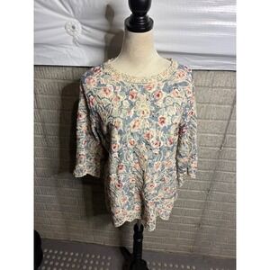 SOLITAIRE Floral Embroidered Lace Trim 3/4 Sleeve Top XL Blue Pink Beige